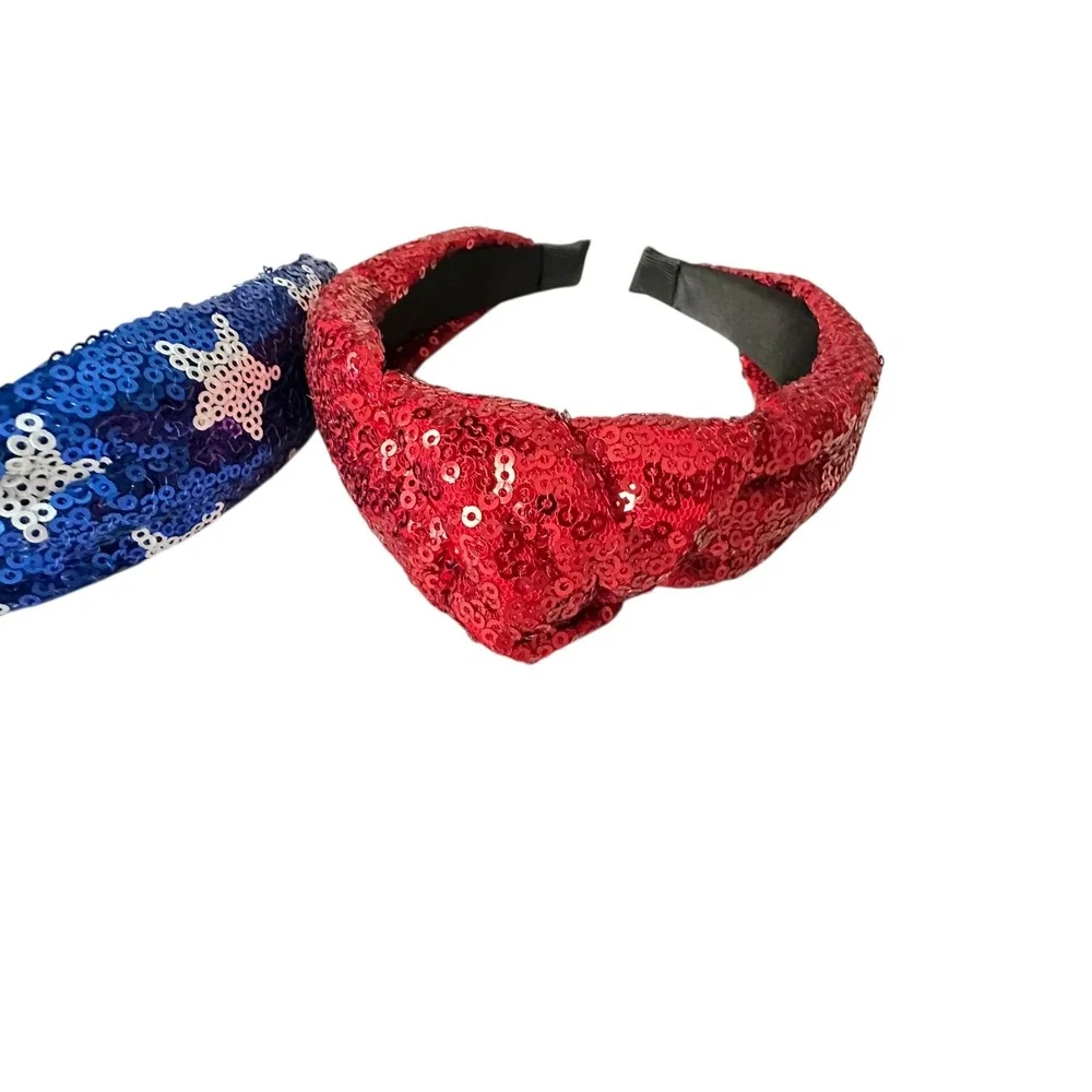 Kids Sequin Knot Headbands‎ Red Blue Star Patriotic Headwear Set